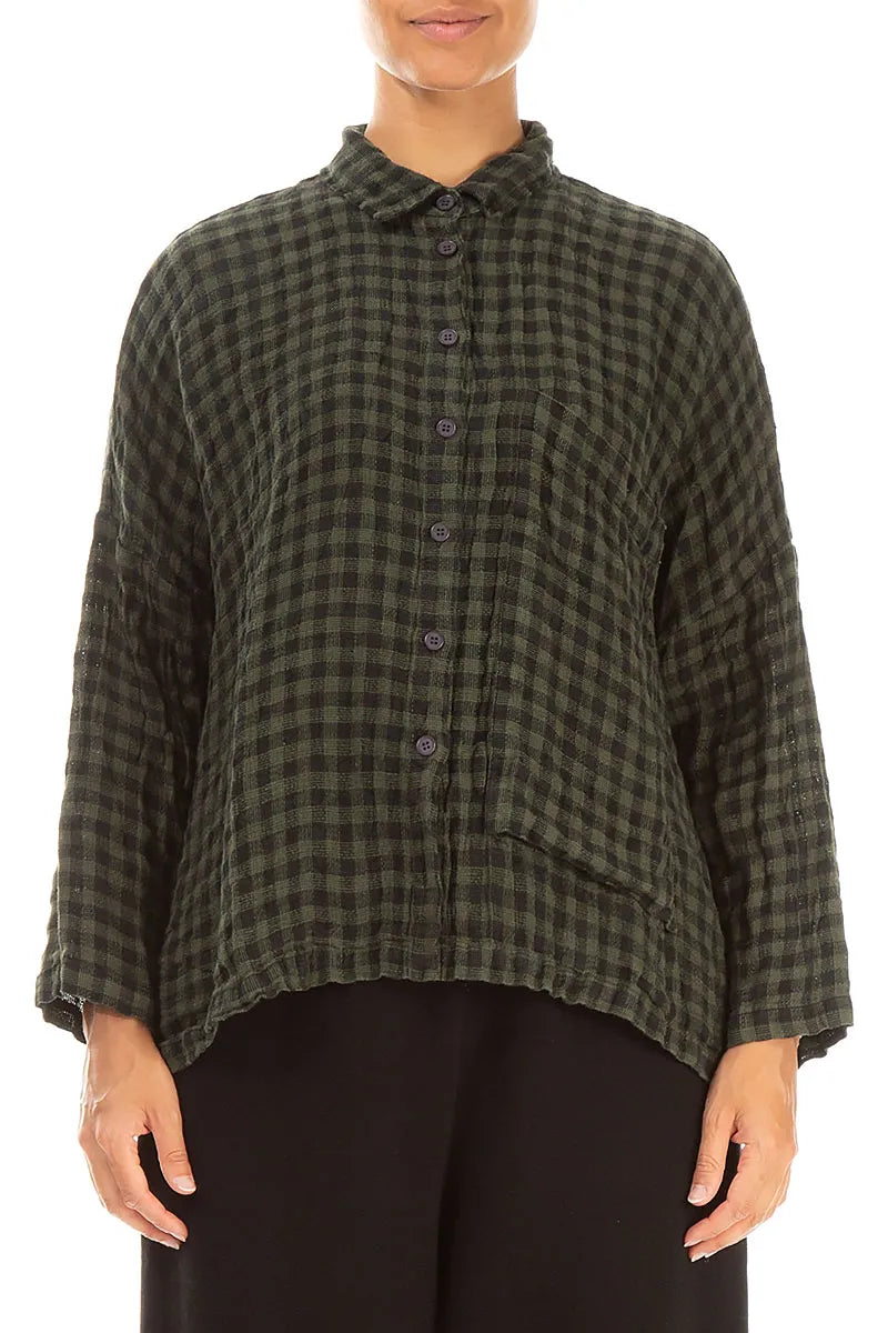 Side Pocket Forest Mist Check Linen Shirt 1