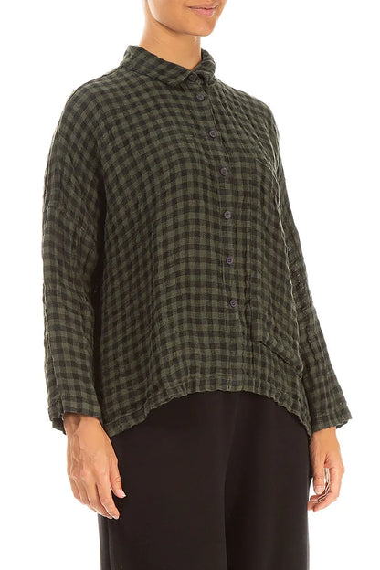 Side Pocket Forest Mist Check Linen Shirt 3