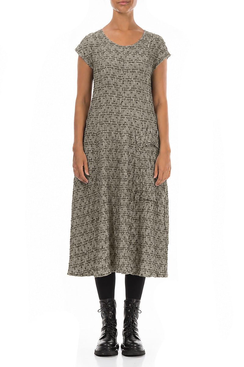 Side Pocket Geometric Texture Olive Grey Linen Dress