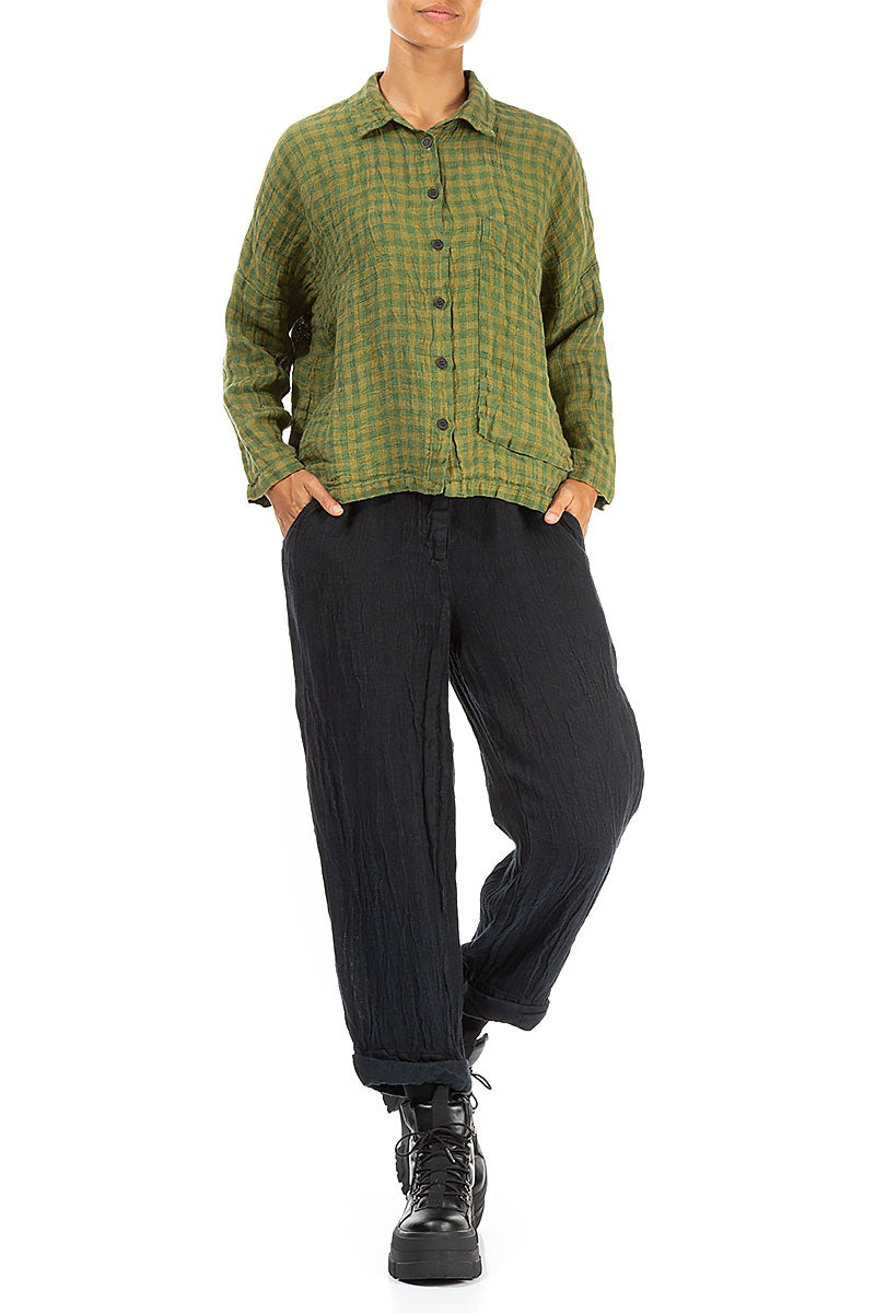 Side Pocket Green Check Linen Shirt