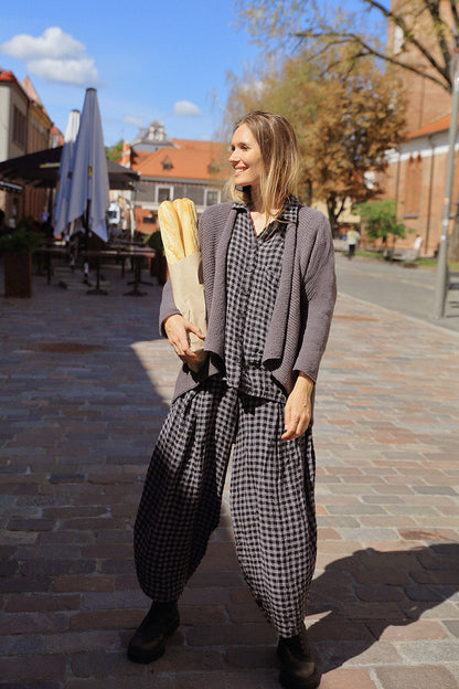 Side Pocket Grey Check Linen Shirt