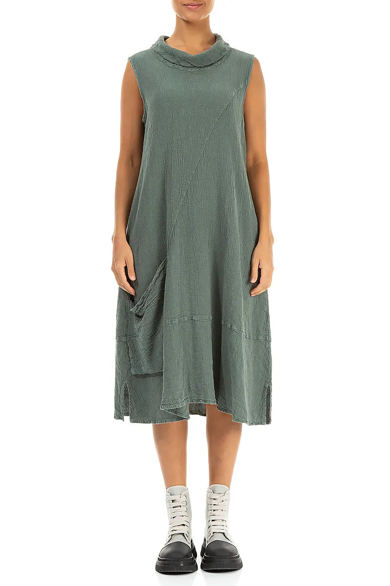 Side Pocket Sage Textured Linen Dress 1