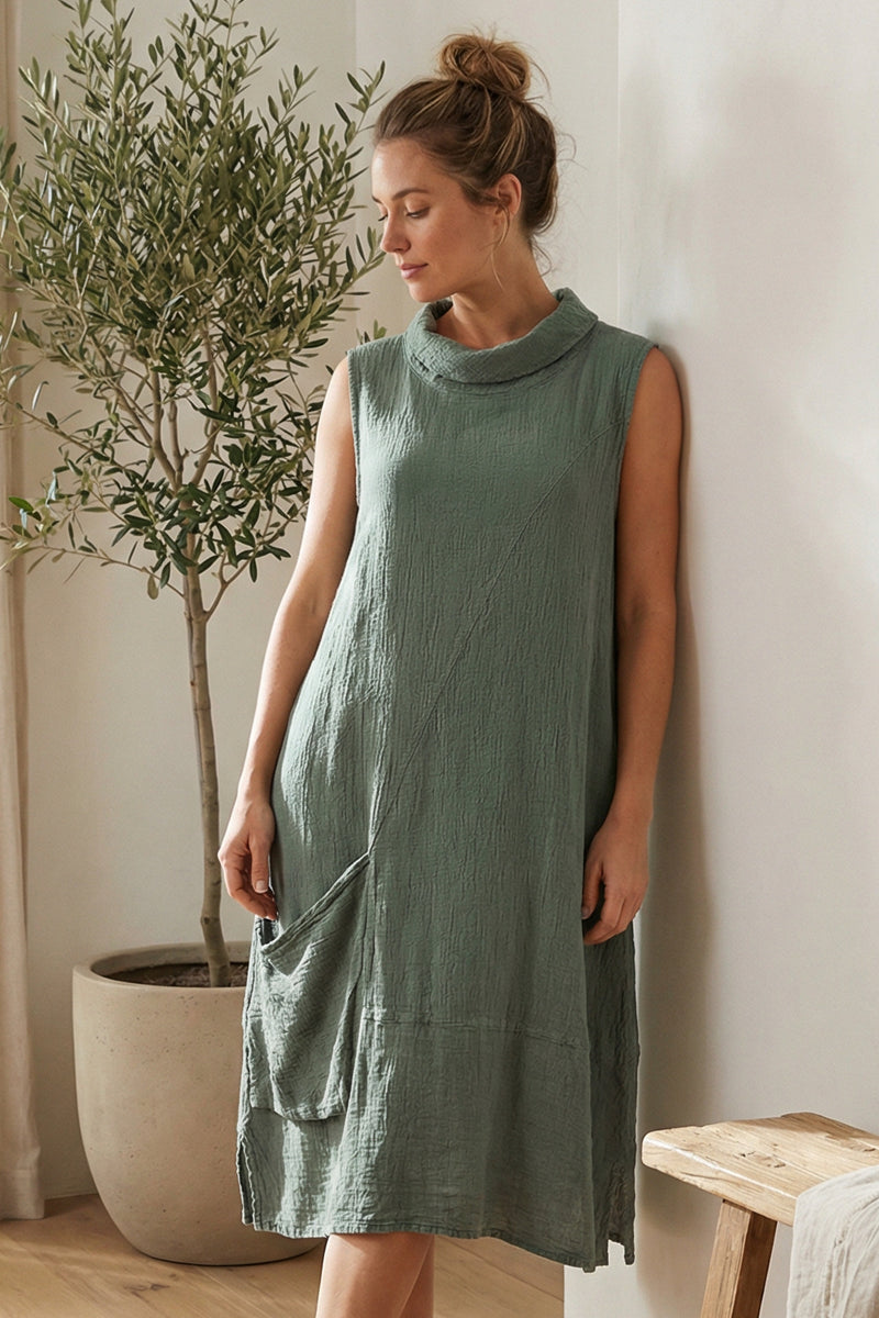 Side Pocket Sage Textured Linen Dress 1