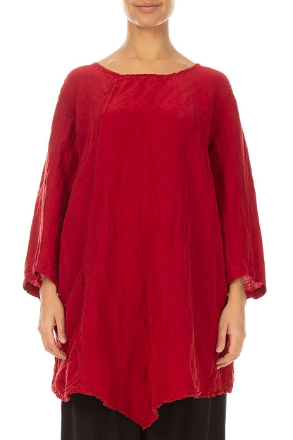 Side Pocket Textured Cherry Red Silk Linen Tunic 1