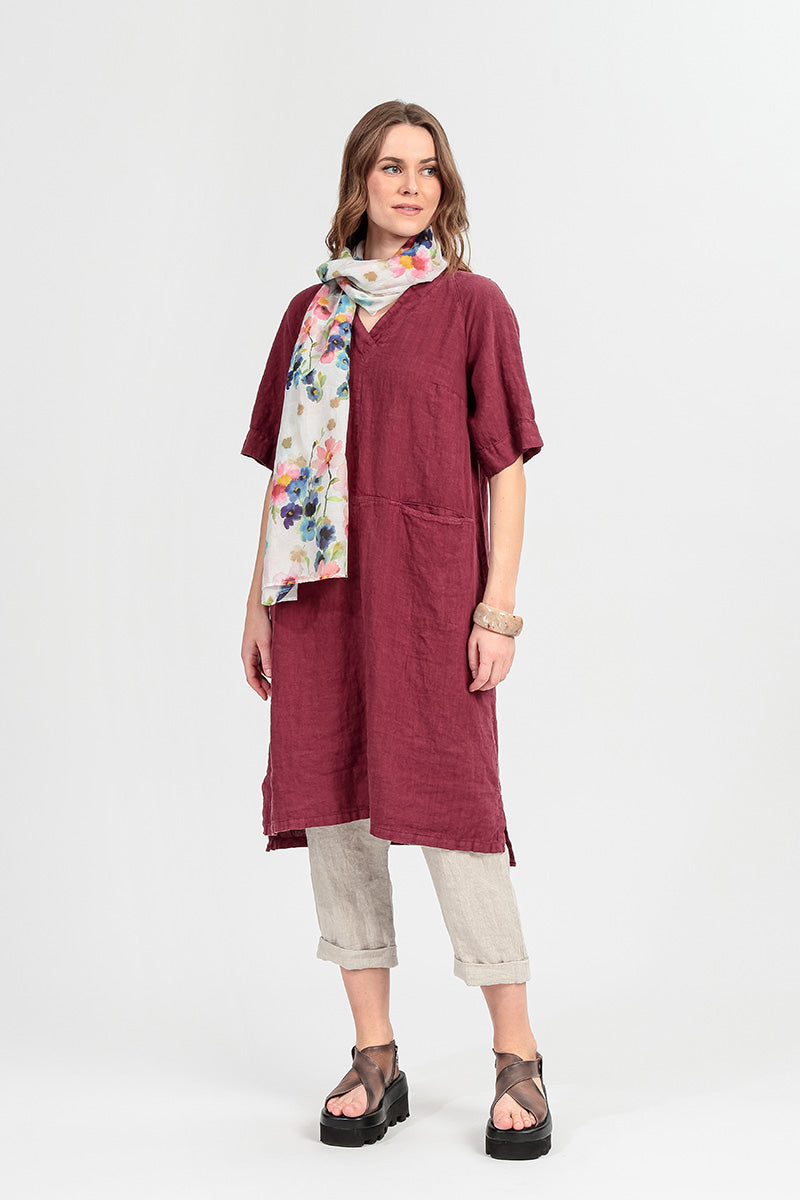 Side Pocket V-Neck Antique Ruby Linen Dress 1