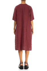 Side Pocket V-Neck Antique Ruby Linen Dress 3