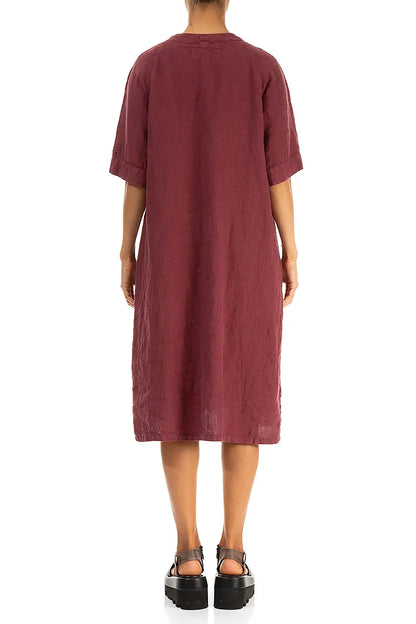 Side Pocket V-Neck Antique Ruby Linen Dress 3