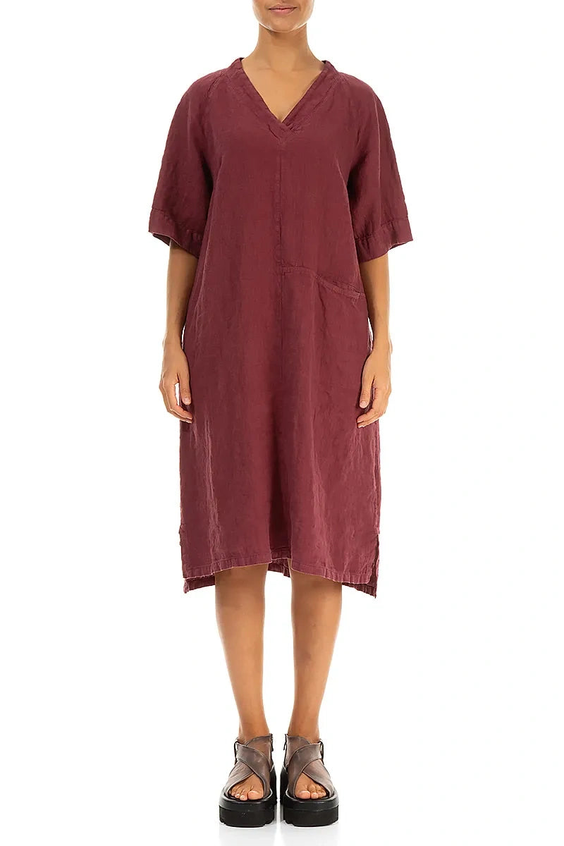 Side Pocket V-Neck Antique Ruby Linen Dress 2