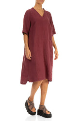 Side Pocket V-Neck Antique Ruby Linen Dress 5