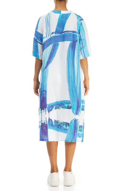 Robe en lin bleu à motifs coups de pinceau et col en V, avec poches latérales