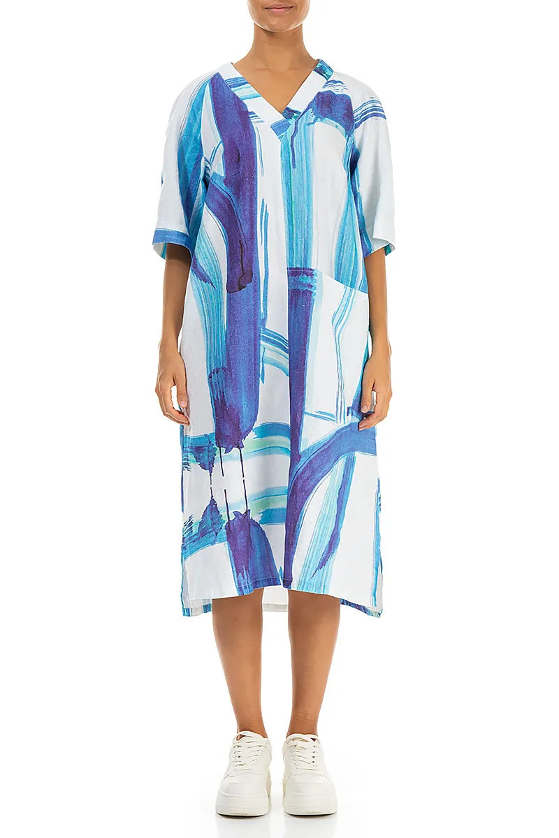 Robe en lin bleu à motifs coups de pinceau et col en V, avec poches latérales