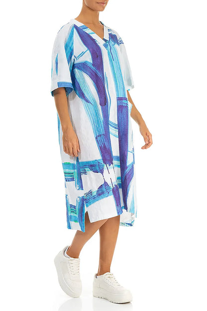 Robe en lin bleu à motifs coups de pinceau et col en V, avec poches latérales