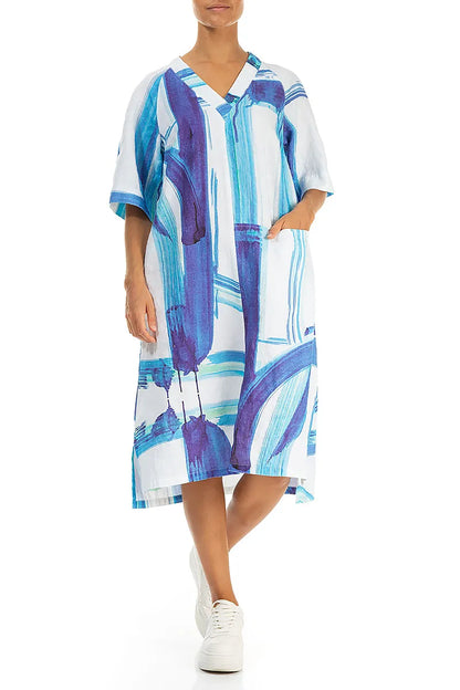Robe en lin bleu à motifs coups de pinceau et col en V, avec poches latérales