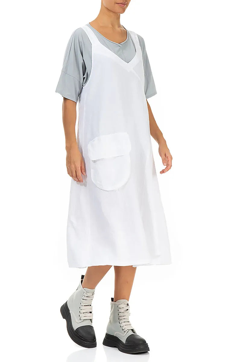 Side Pocket White Linen Pinafore Dress 3