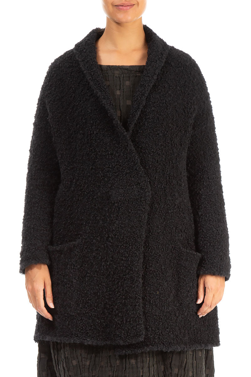 Side Pockets Black Alpaca Wool Cardigan