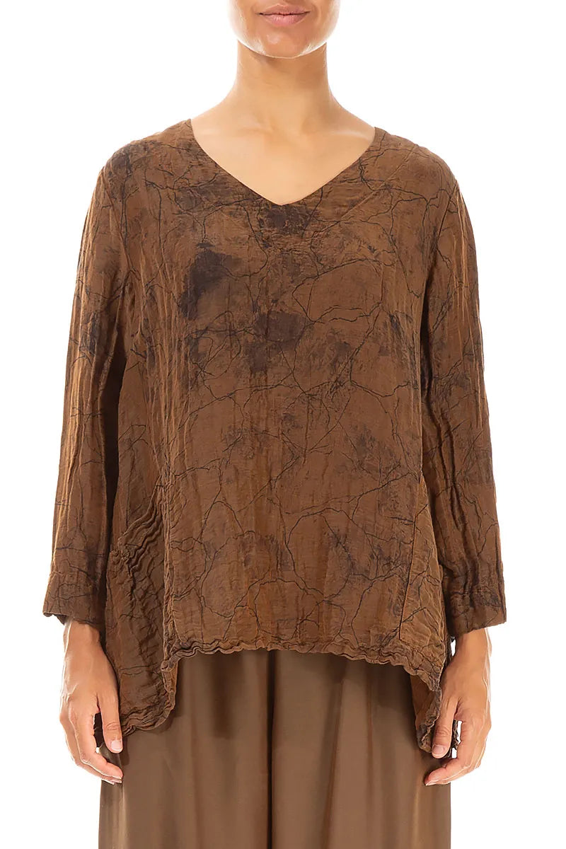 Side Pockets Crinkled Aged Copper Marble Silk Linen Blouse 1