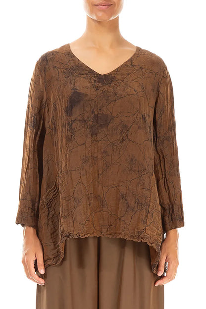Side Pockets Crinkled Aged Copper Marble Silk Linen Blouse 1