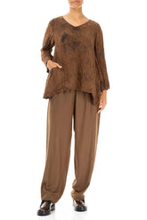Side Pockets Crinkled Aged Copper Marble Silk Linen Blouse 4