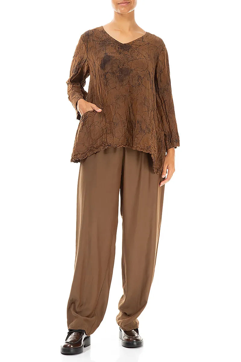 Side Pockets Crinkled Aged Copper Marble Silk Linen Blouse 4