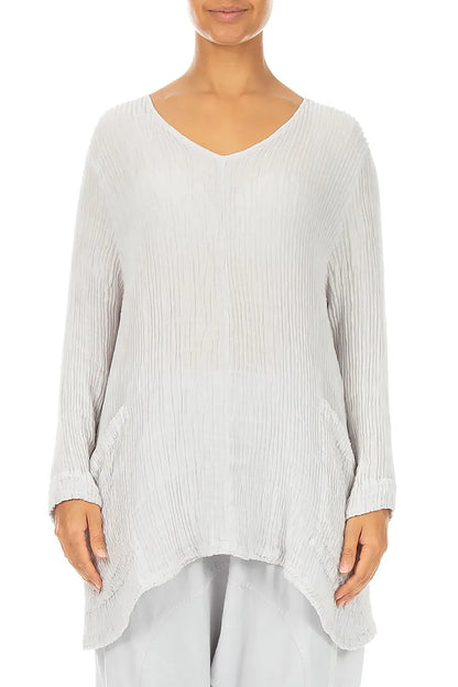 Side Pockets Pearl Grey Plissé Silk Blouse 1