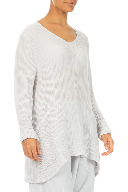 Side Pockets Pearl Grey Plissé Silk Blouse 3