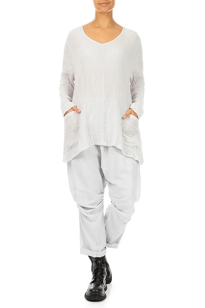 Side Pockets Pearl Grey Plissé Silk Blouse 4