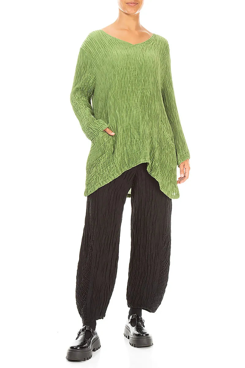Blouse en soie plissée Vert trèfle à poches latérales