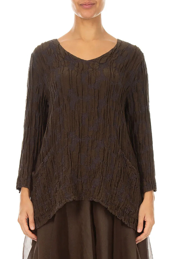 Side Pockets Truffle Brown Circle Silk Linen Blouse 1