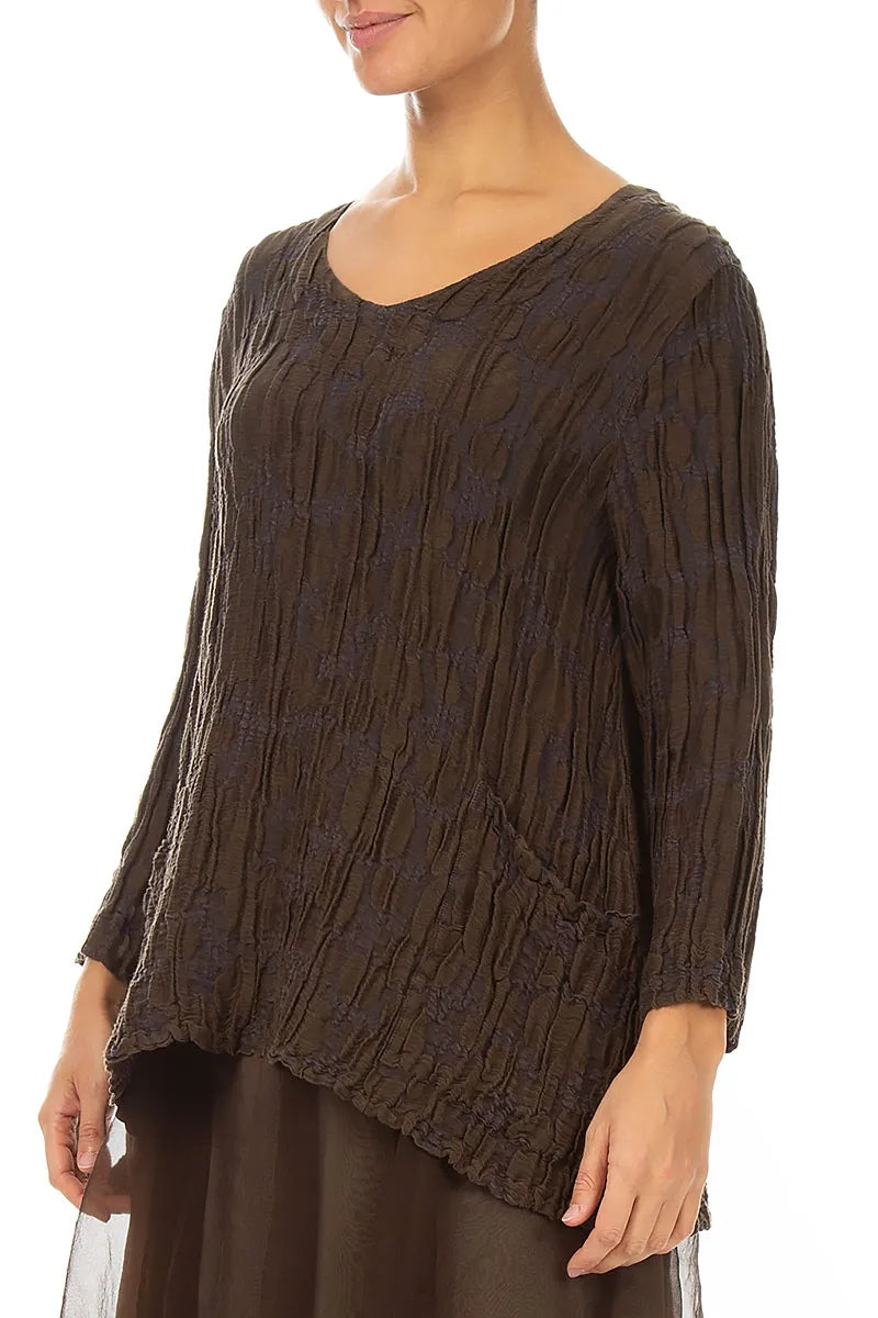 Side Pockets Truffle Brown Circle Silk Linen Blouse