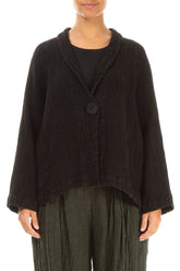 Single Button Black Textured Linen Jacket 1
