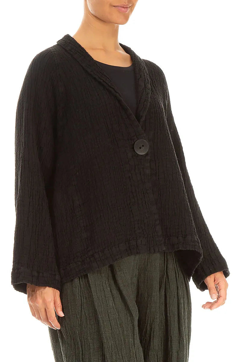 Single Button Black Textured Linen Jacket 3