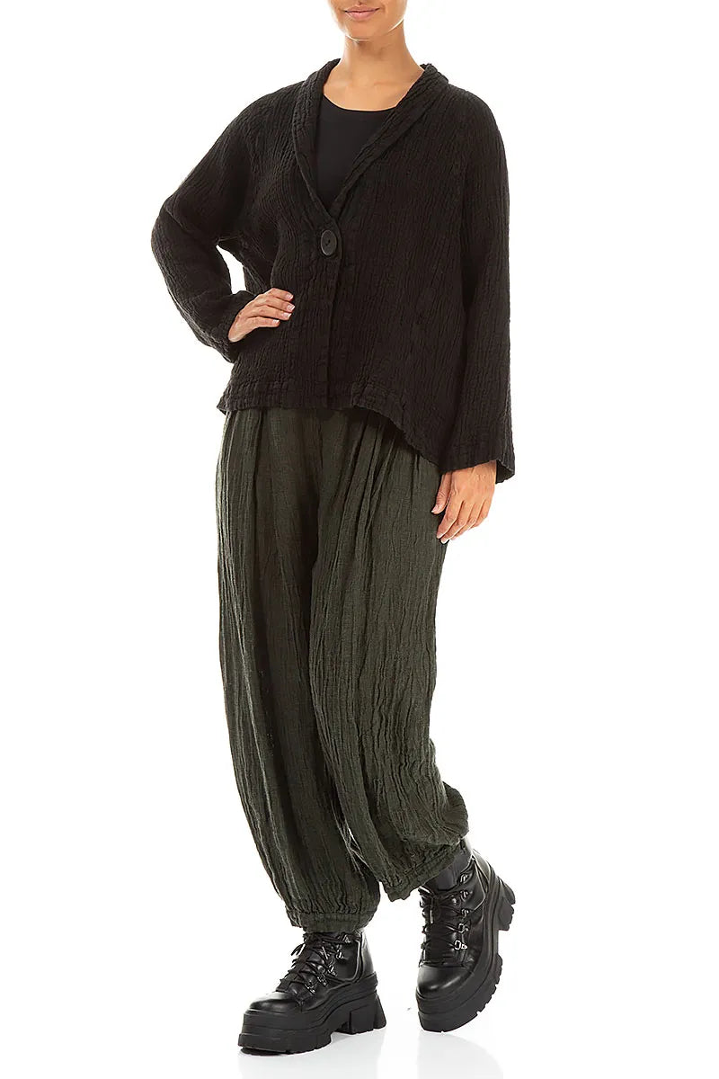 Single Button Black Textured Linen Jacket 4