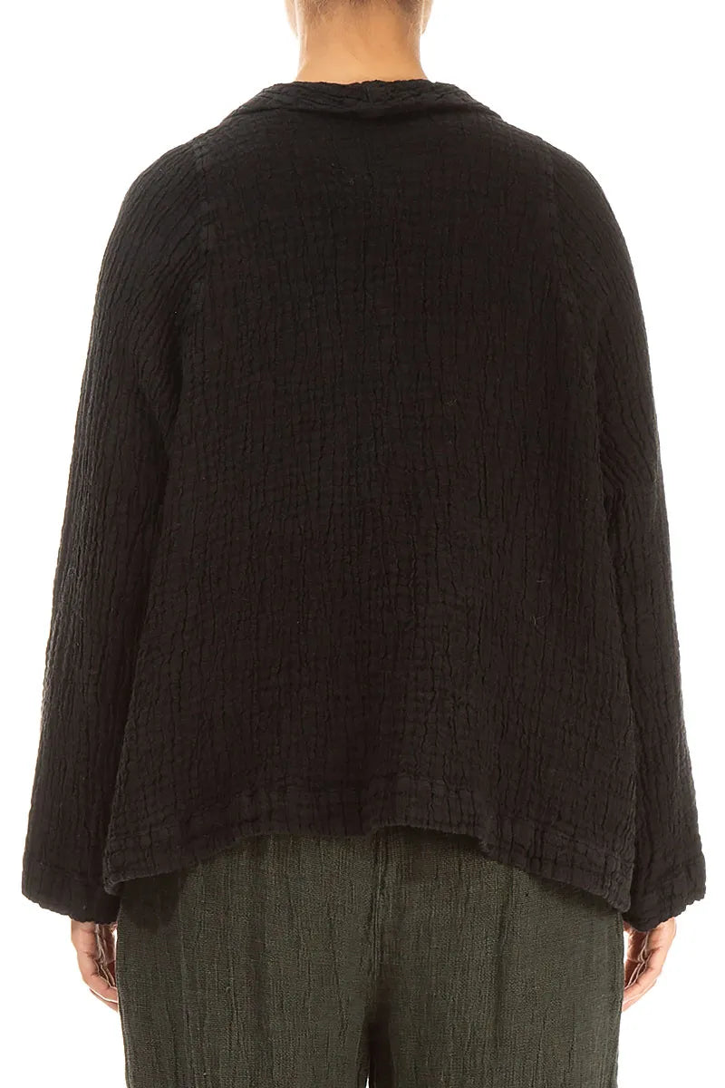 Single Button Black Textured Linen Jacket 2