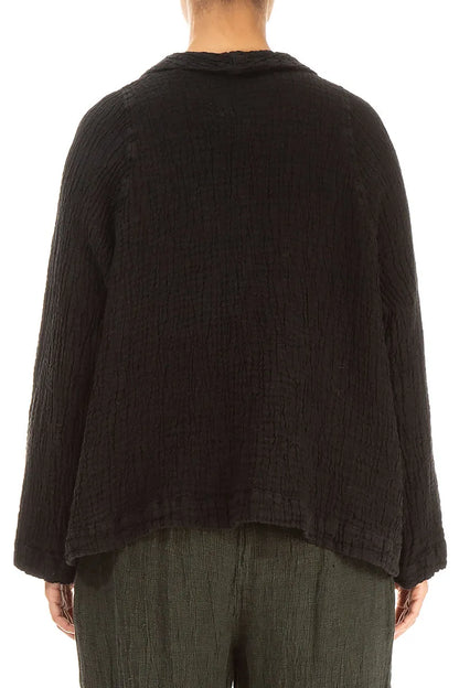 Single Button Black Textured Linen Jacket 2