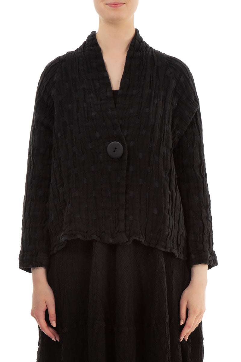 Single Button Black Textured Linen Jacket