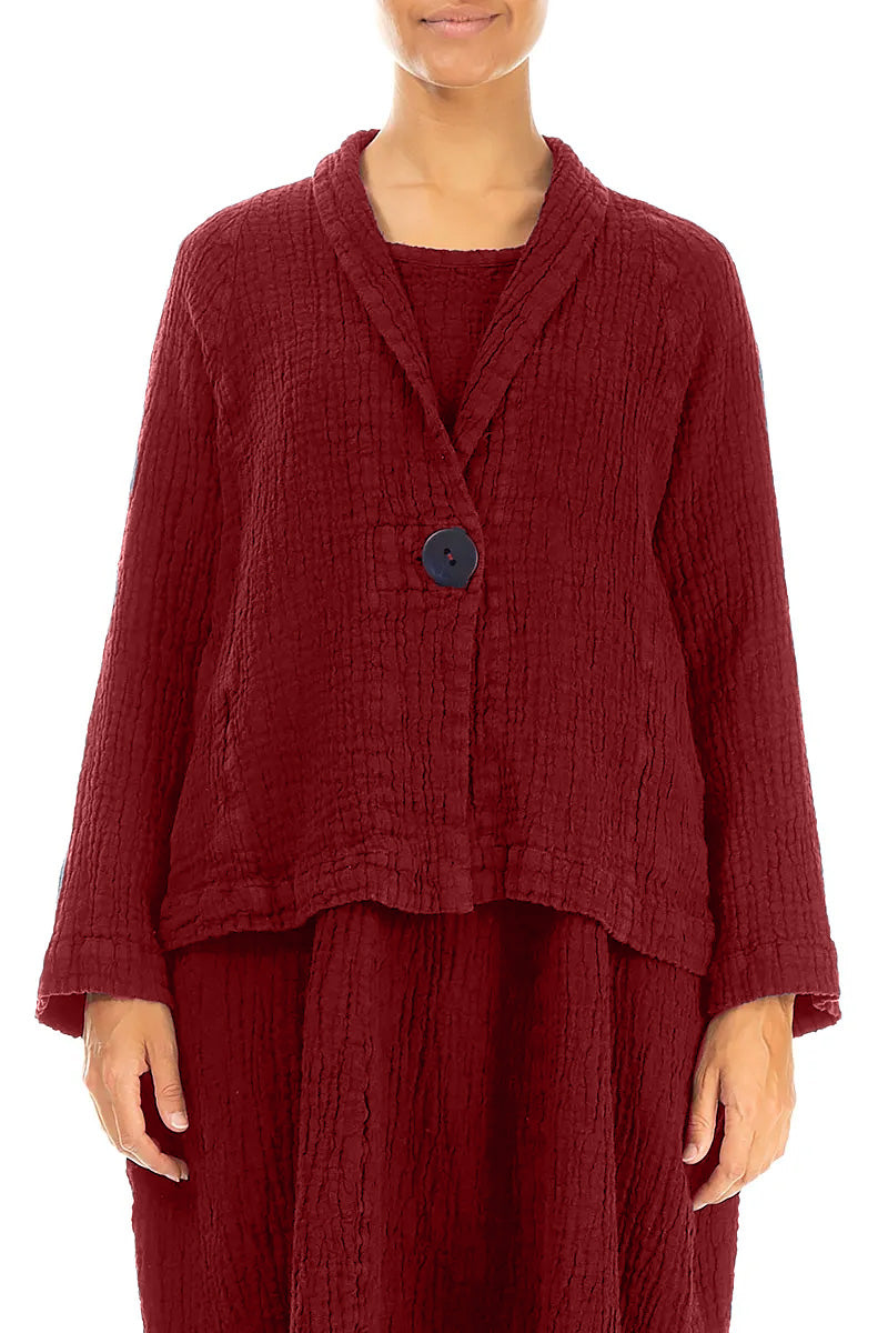 Single Button Cherry Red Textured Linen Jacket 1