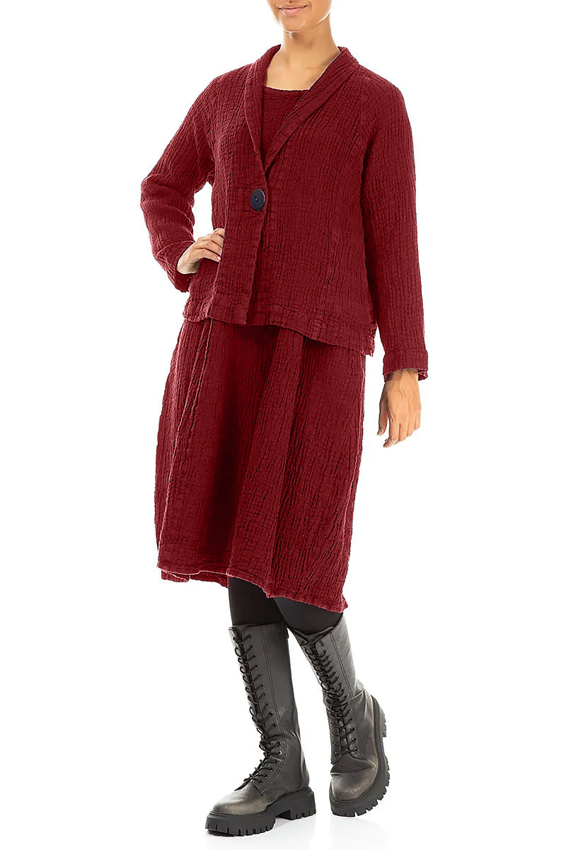 Single Button Cherry Red Textured Linen Jacket 4