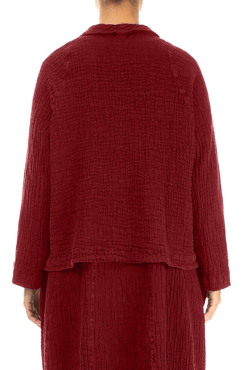 Single Button Cherry Red Textured Linen Jacket 2