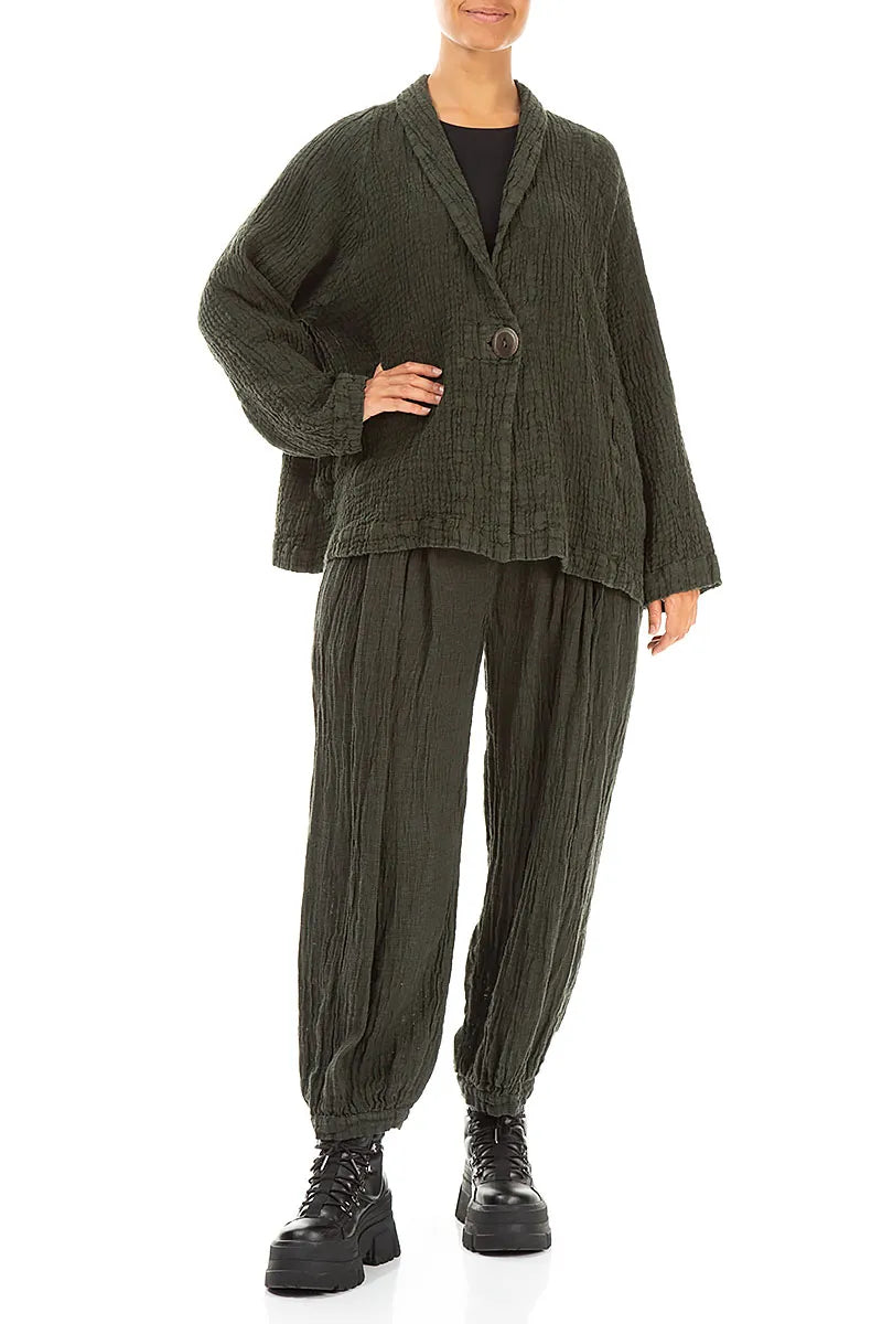 Single Button Forest Mist Textured Linen Jacket 4