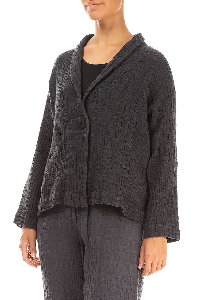 Single Button Graphite Textured Linen Jacket 3