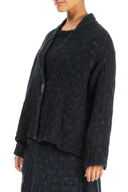 Single Button Midnight Blue Textured Linen Jacket