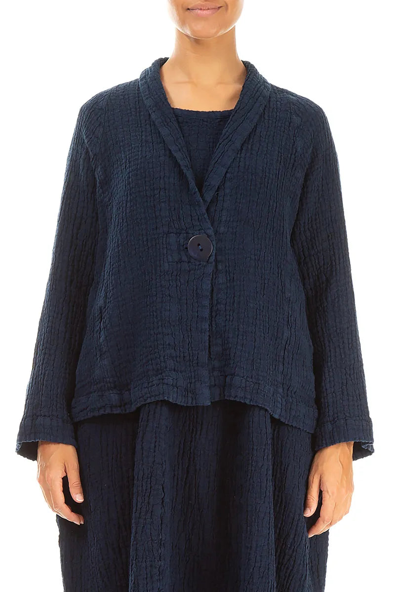 Single Button Royal Blue Textured Linen Jacket 1