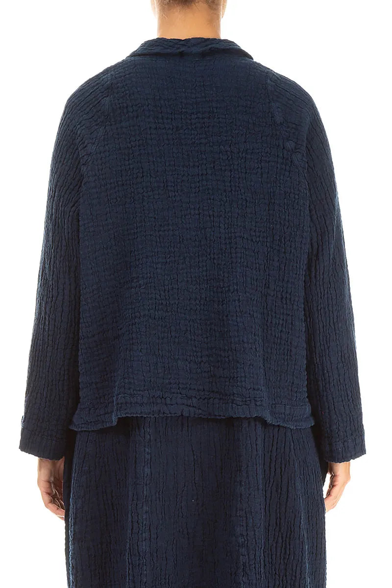 Single Button Royal Blue Textured Linen Jacket 2