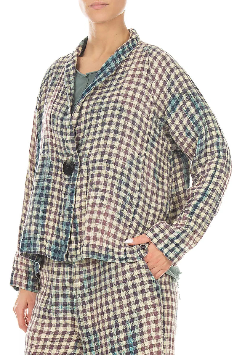 Single Button Vintage Check Linen Jacket