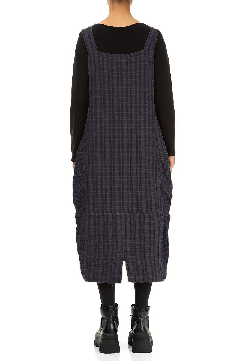 Slate Blue Checkered Linen Cotton Pinafore Dress 2