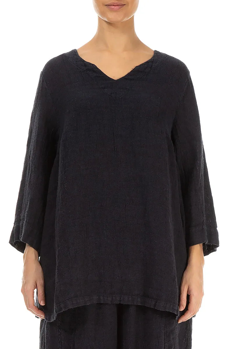 Slate Blue Sweetheart Neck Mélange Linen Blouse 1