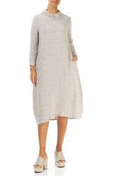 Sleeved Cowl Neck Beige Crinkled Silk Linen Dress 4