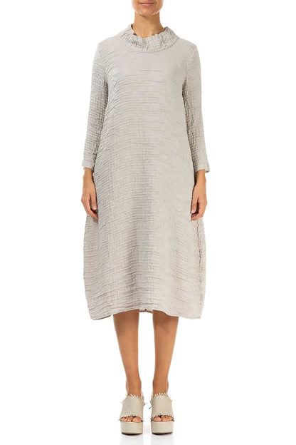 Sleeved Cowl Neck Beige Crinkled Silk Linen Dress 1