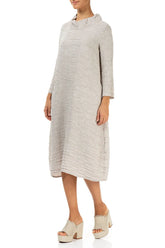 Sleeved Cowl Neck Beige Crinkled Silk Linen Dress 3