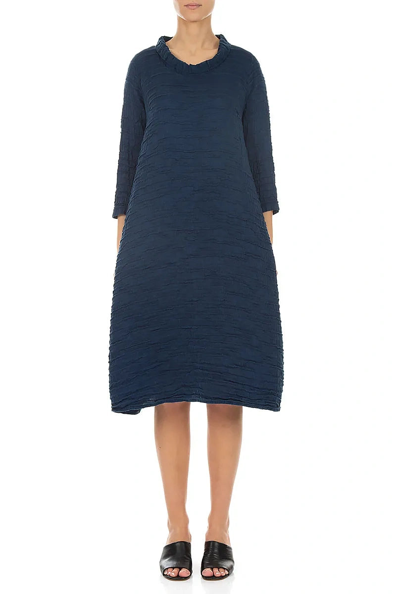 Sleeved Cowl Neck Navy Crinkled Silk Linen Dress 1